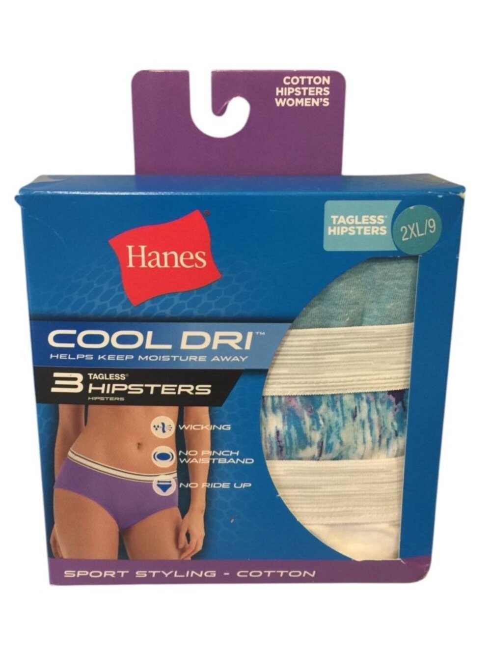 Hanes Cool Dri Ladies 2XL/9 Tagless Hipsters Set of 3 Blue White Abstract